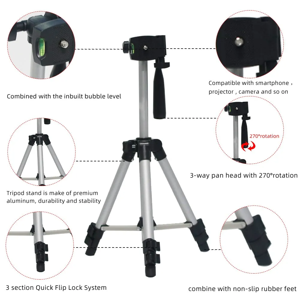 65cm 110cm Mini Tripod Professional Foldable Camera Holder Stand Bracket 360 Degree Tripod Stabilizer Aluminum Phone Holder Clip