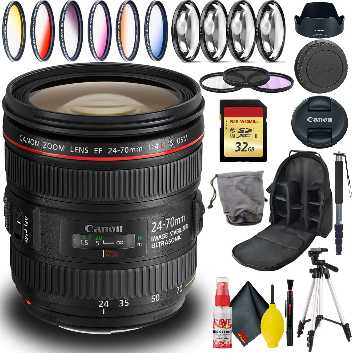 Canon EF 24-70mm USM Lens (Intl Model) Includes Filters, Tripod, Bag, and More