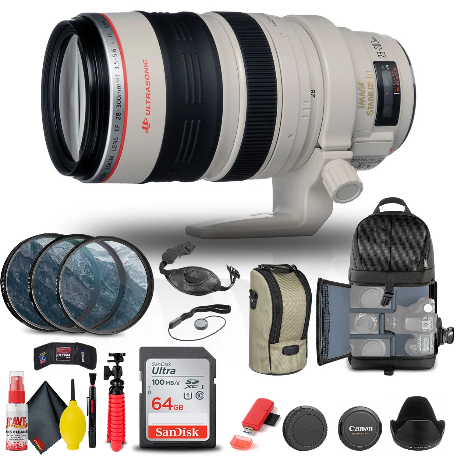 Canon EF 28-300mm f/3.5-5.6L IS USM Lens (9322A002)   Filter Kit   Pro Sling  Backpack Bundle