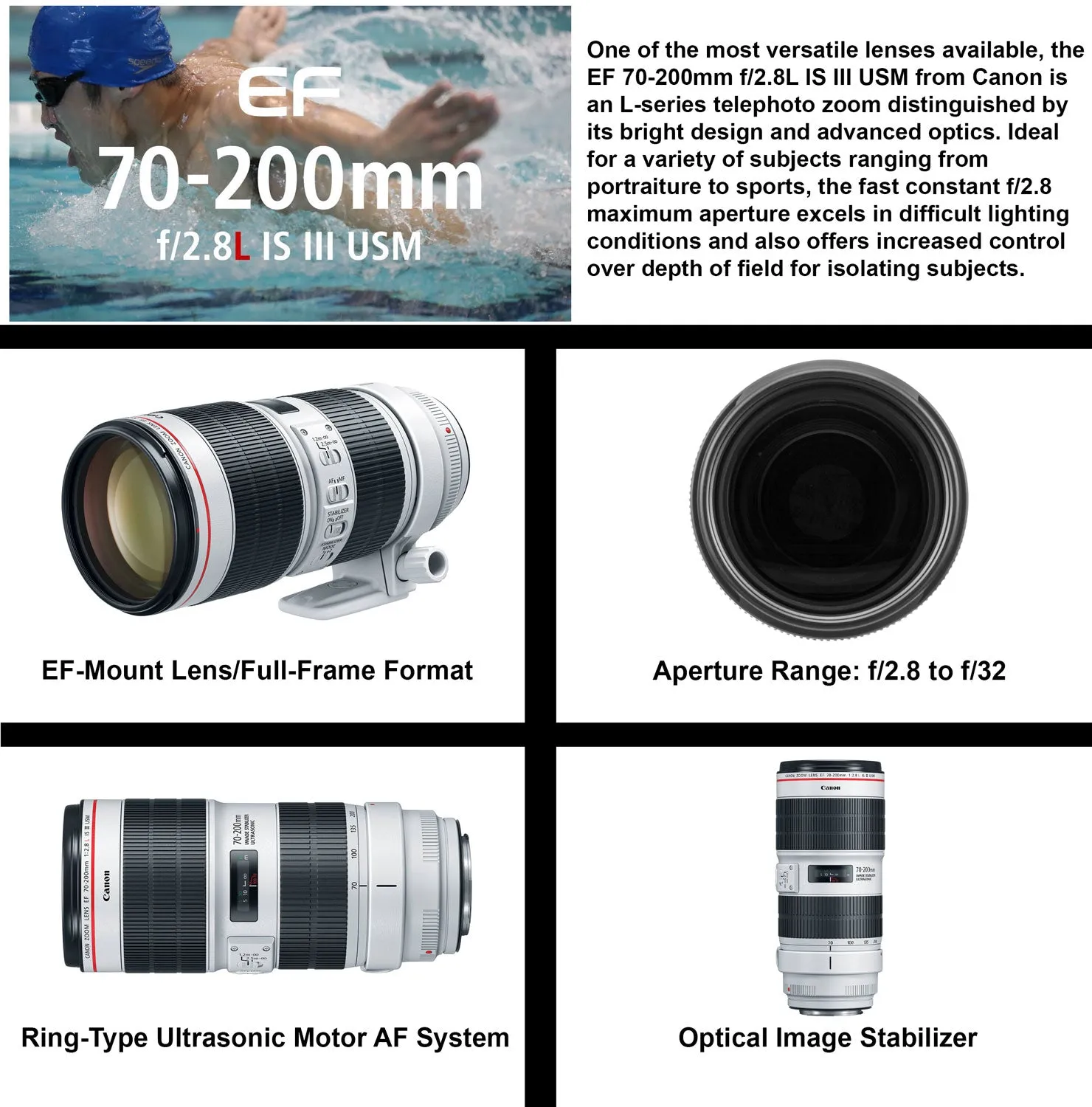 Canon EF 70-200mm f/2.8L IS III USM Lens (3044C002) with Bundle Includes:  9PC Filter Kit, Sandisk 64GB SD   More