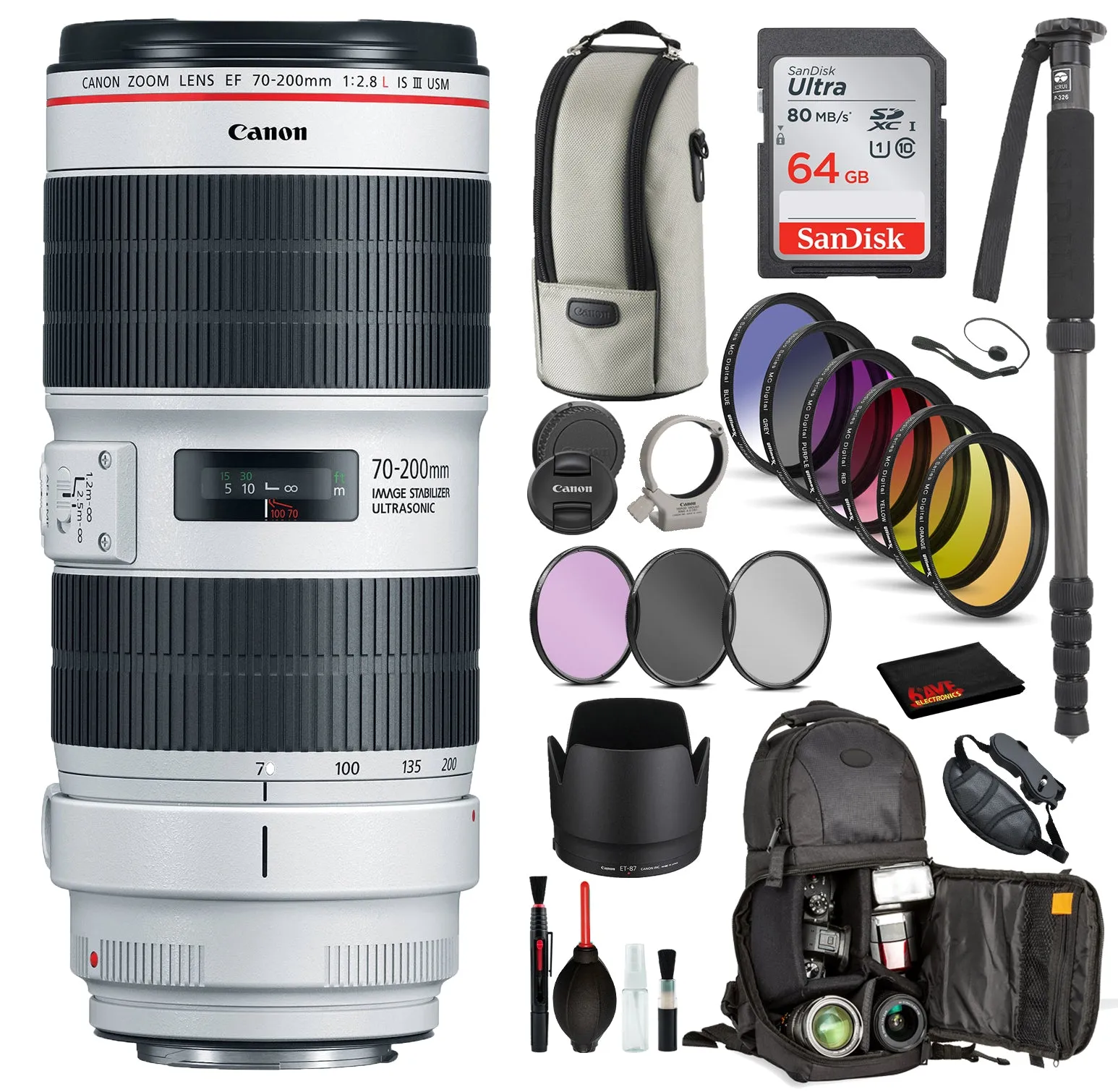 Canon EF 70-200mm f/2.8L IS III USM Lens (3044C002) with Bundle Includes:  9PC Filter Kit, Sandisk 64GB SD   More