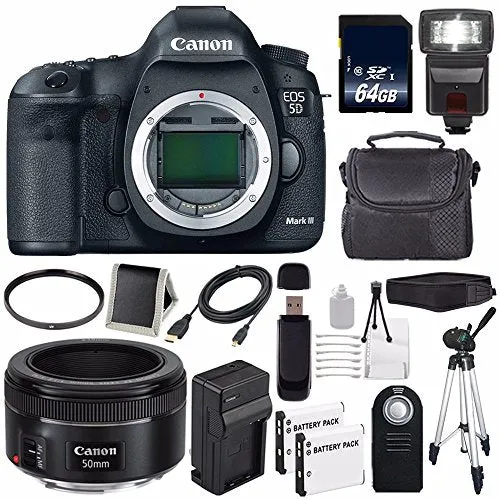 Canon EOD 5D III Digital Camera International Model   Canon EF 50mm f/1.8 STM Lens   LP-E6 Battery   64GB Memory Card Storage Bundle