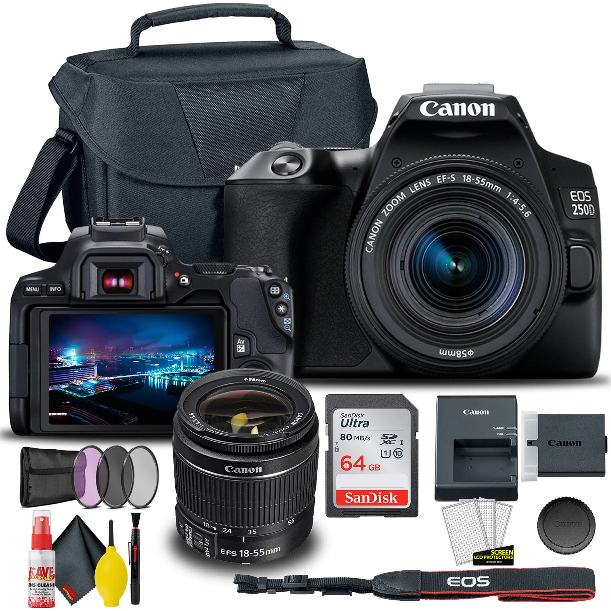 Canon EOS 250D / Rebel SL3 DSLR Camera with 18-55mm Lens (Black)   Creative Filter Set, EOS Camera Bag   6AVE Electronics