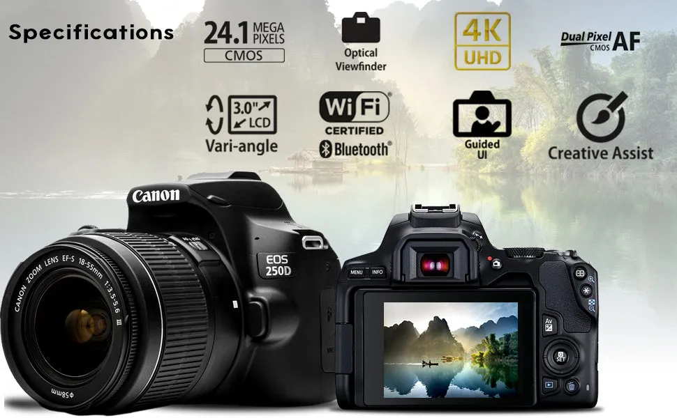 Canon EOS 250D / Rebel SL3 DSLR Camera with 18-55mm Lens (Black)   Creative Filter Set, EOS Camera Bag   Sandisk Ultra 64GB Card Pro Bundle