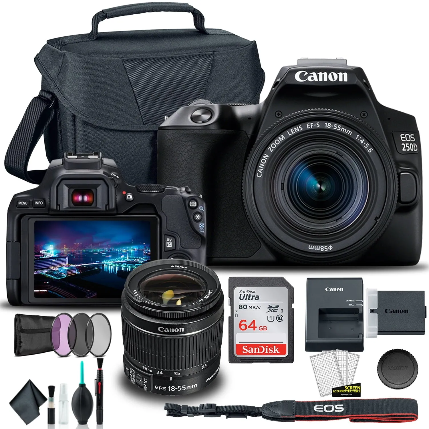 Canon EOS 250D / Rebel SL3 DSLR Camera with 18-55mm Lens (Black)   Creative Filter Set, EOS Camera Bag   Sandisk Ultra 64GB Card Pro Bundle