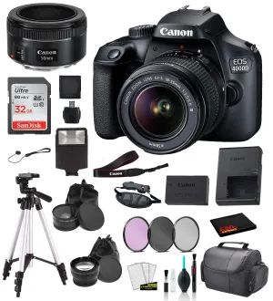 Canon EOS 4000D (Rebel T100) EF-S 18-55mm and EF 50mm f/1.8 STM Lens Bundle �SanDisk 32gb    Filters   - International