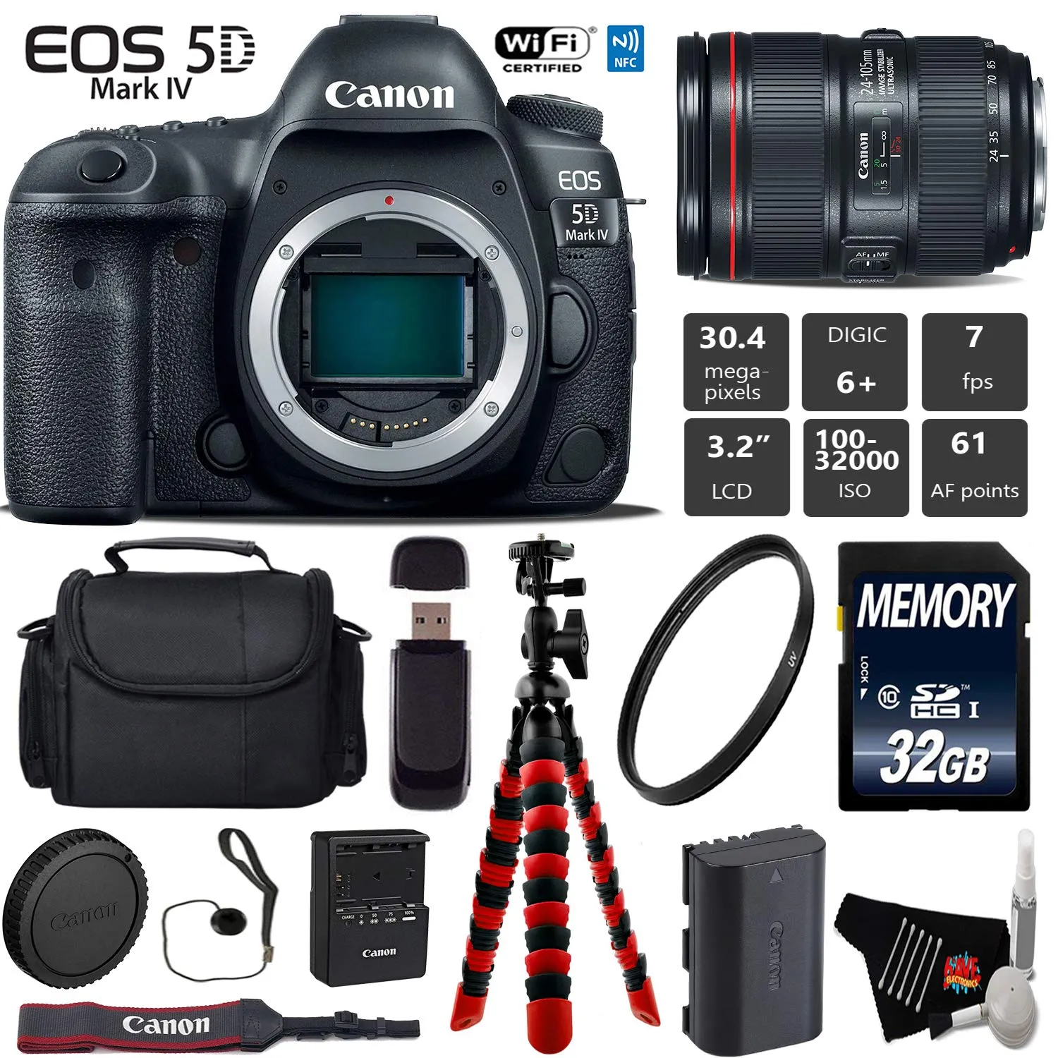 Canon EOS 5D Mark IV DSLR Camera with 24-105mm f/4L II Lens   Wireless Remote   UV Protection Filter   Case Starter Bundle