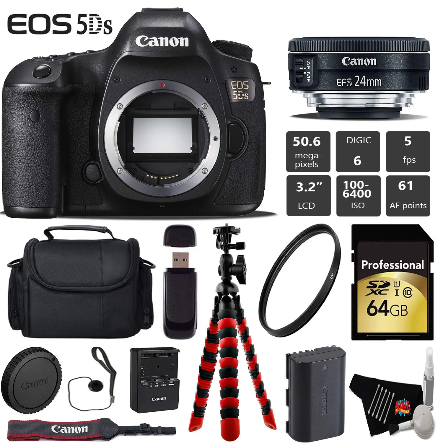 Canon EOS 5DS DSLR Camera with 24mm f/2.8 STM Lens   Wireless Remote   UV Protection Filter   Case   Wrist Strap Pro Bundle