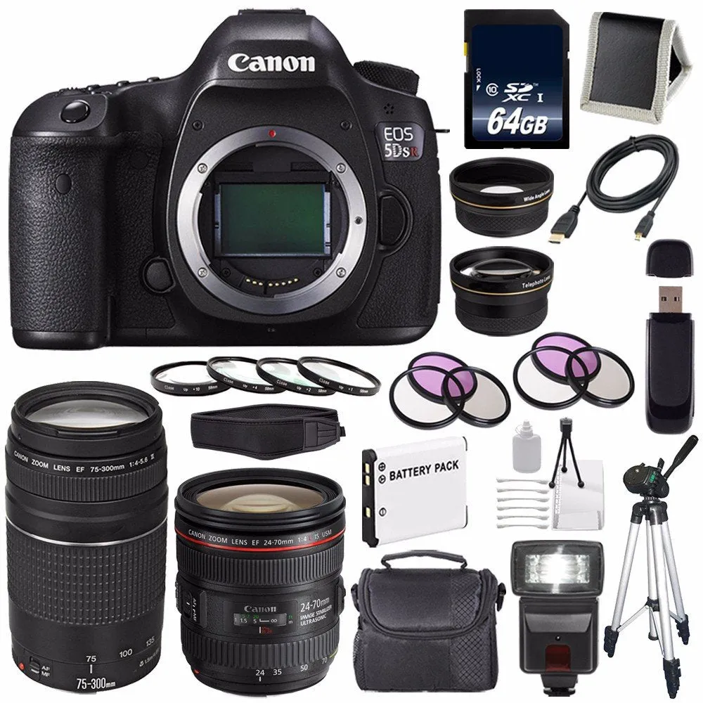 Canon EOS 5DS R DSLR Camera (International Model) 0582C002   Canon EF 24-70mm f/4L is USM Lens   Canon EF 75-300 III Pro Bundle