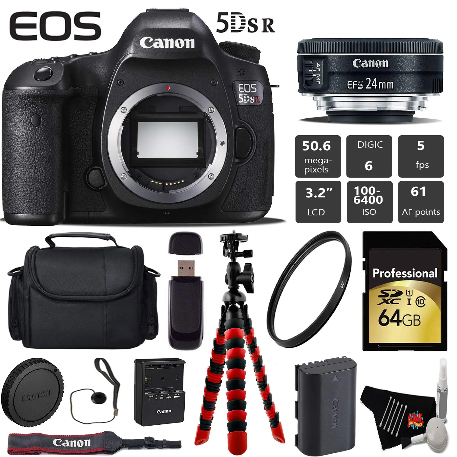 Canon EOS 5DS R DSLR Camera with 24mm f/2.8 STM Lens   Wireless Remote   UV Protection Filter   Case   Wrist Strap   Tri