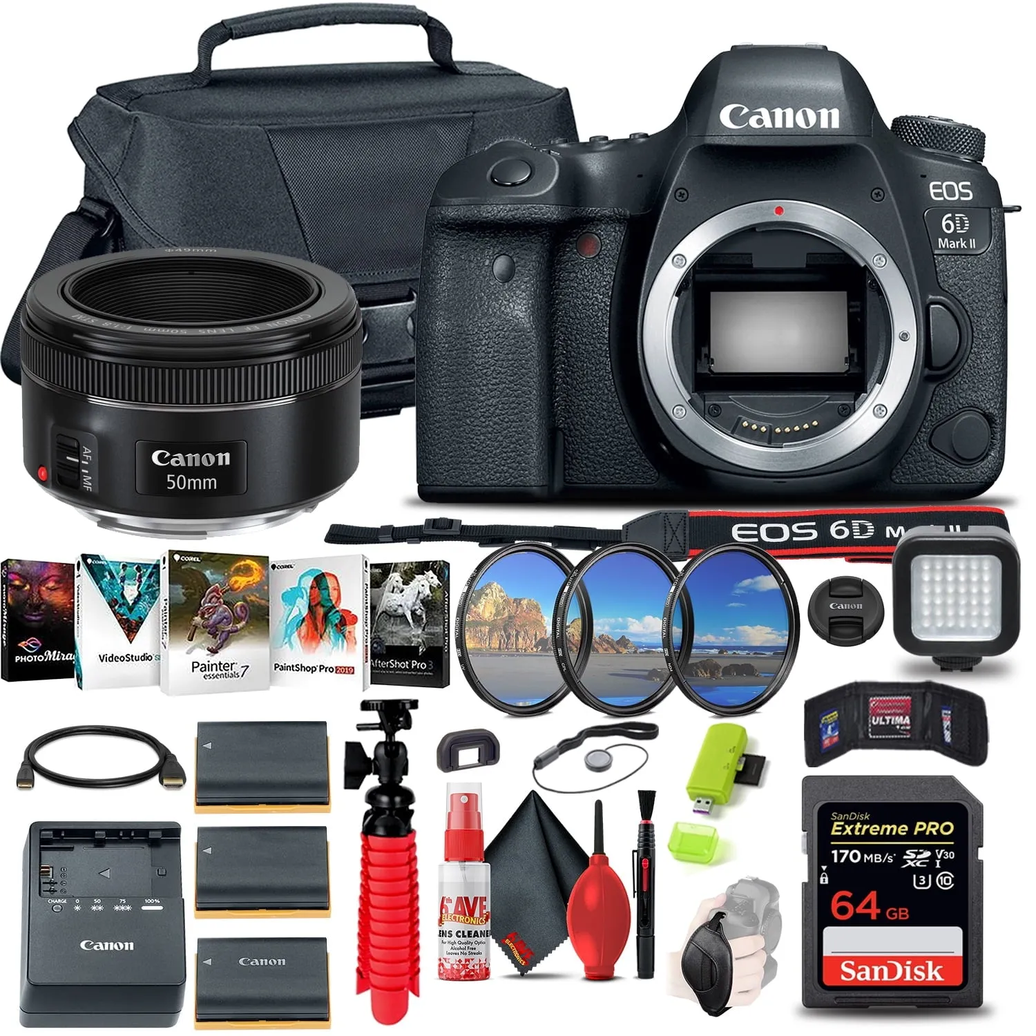 Canon EOS 6D Mark II DSLR Camera (1897C002)   Canon EF 50mm Lens All in One Bundle