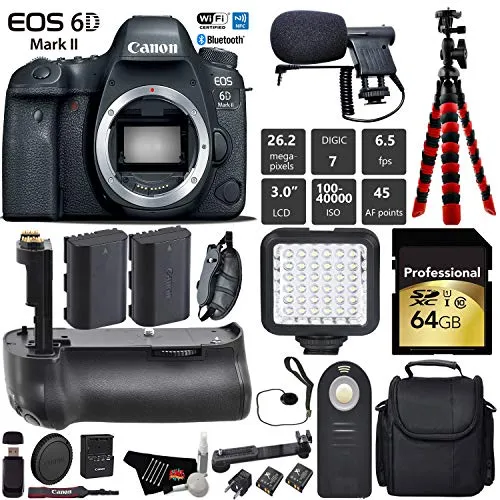 Canon EOS 6D Mark II DSLR Camera (Body Only)   Professional Battery Grip   Condenser Microphone   LED Kit   Extra Battery Pro Bundle