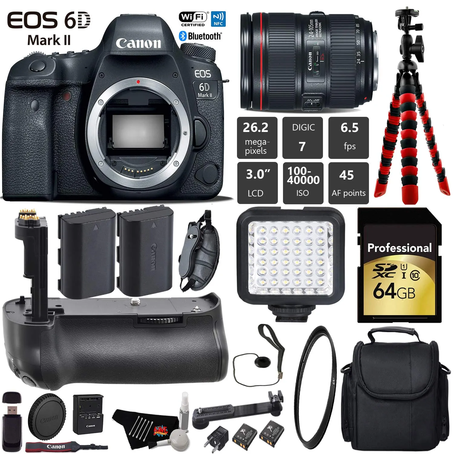 Canon EOS 6D Mark II DSLR Camera with 24-105mm f/4L II Lens   Professional Battery Grip   UV Filter   LED Kit Pro Bundle