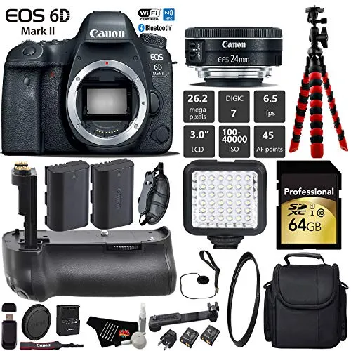 Canon EOS 6D Mark II DSLR Camera With 24mm 2.8 STM Lens   Professional Battery Grip   UV Protection Filter   LED Kit Pro Bundle