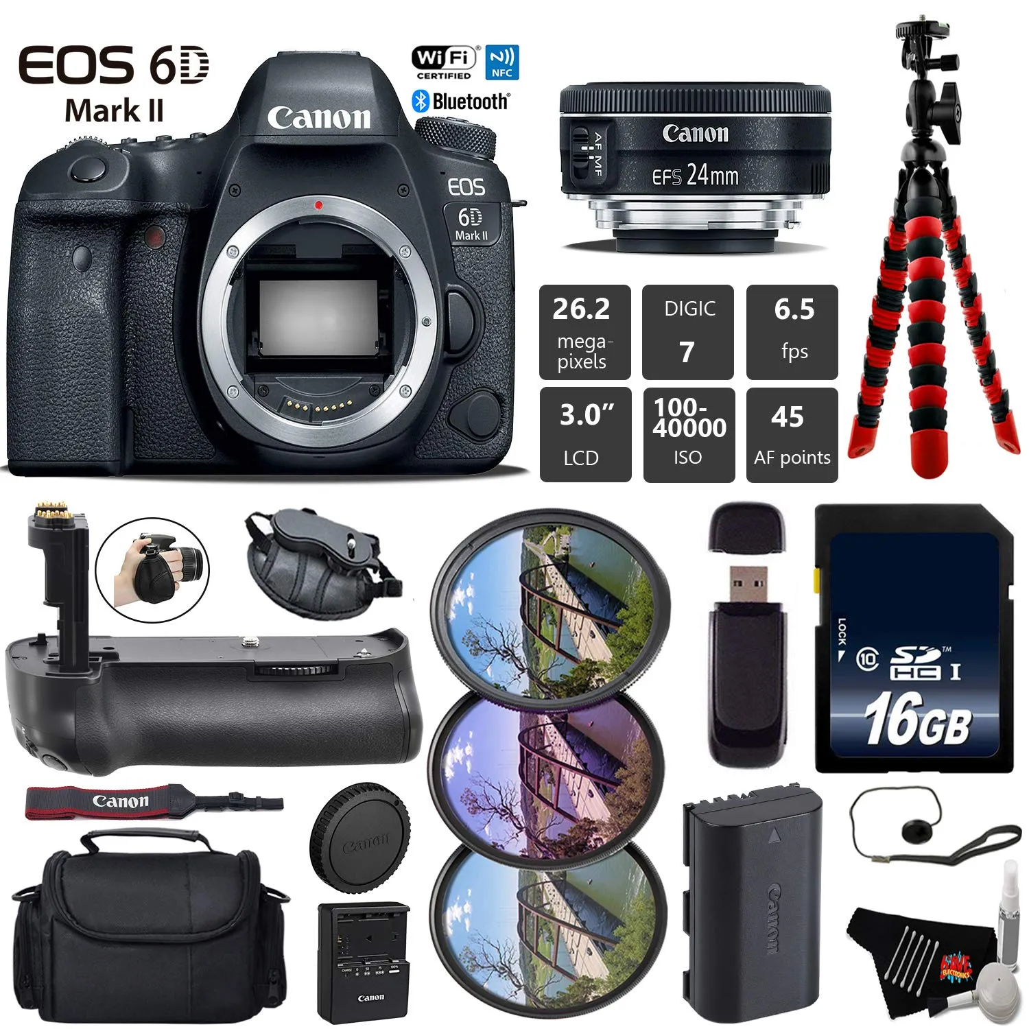 Canon EOS 6D Mark II DSLR Camera with 24mm f/2.8 STM Lens   Professional Battery Grip   UV FLD CPL Filter Kit   Case Base Bundle