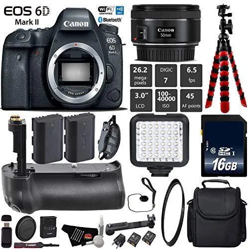 Canon EOS 6D Mark II DSLR Camera With 50mm 1.8 STM Lens   Professional Battery Grip   UV Protection Filter   LED Kit Base Bundle