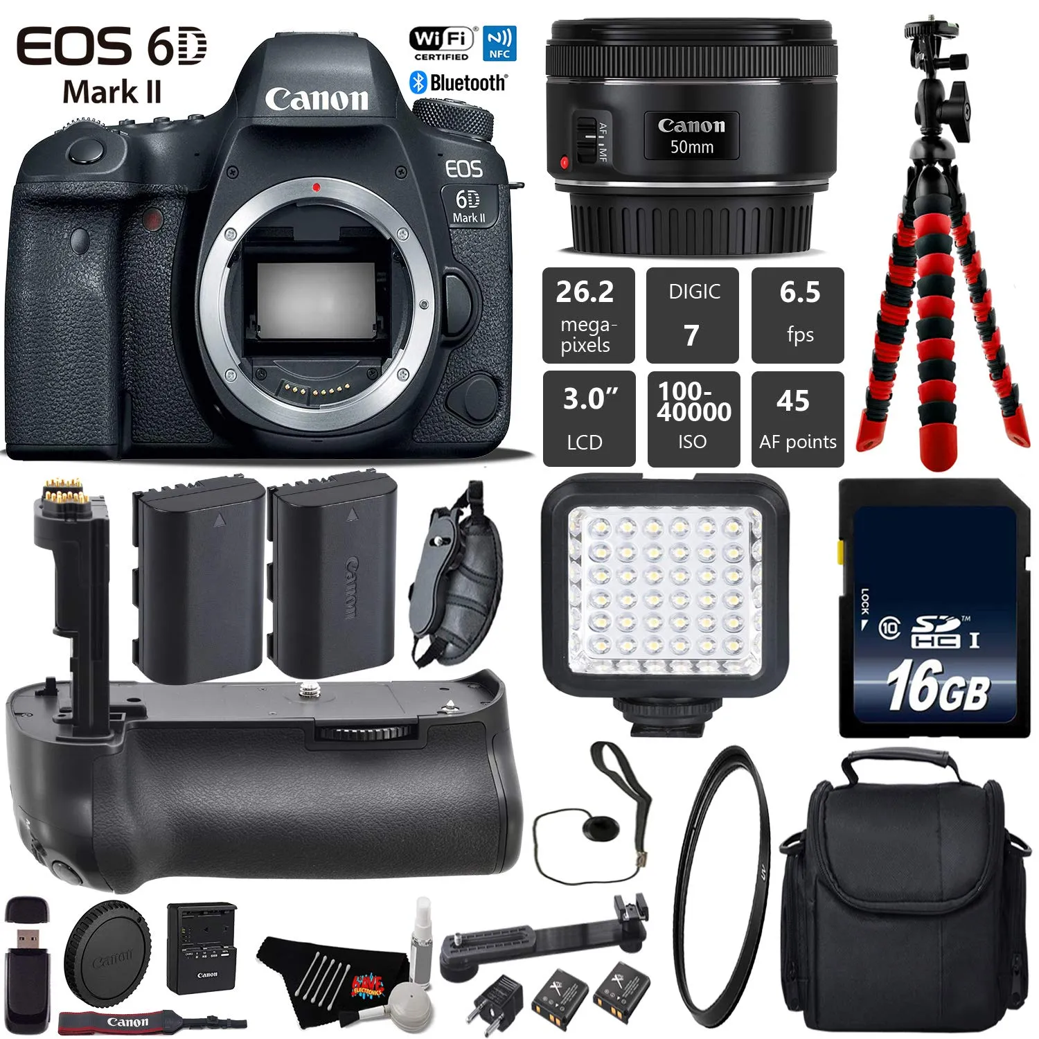 Canon EOS 6D Mark II DSLR Camera With 50mm 1.8 STM Lens   Professional Battery Grip   UV Protection Filter   LED Kit Base Bundle