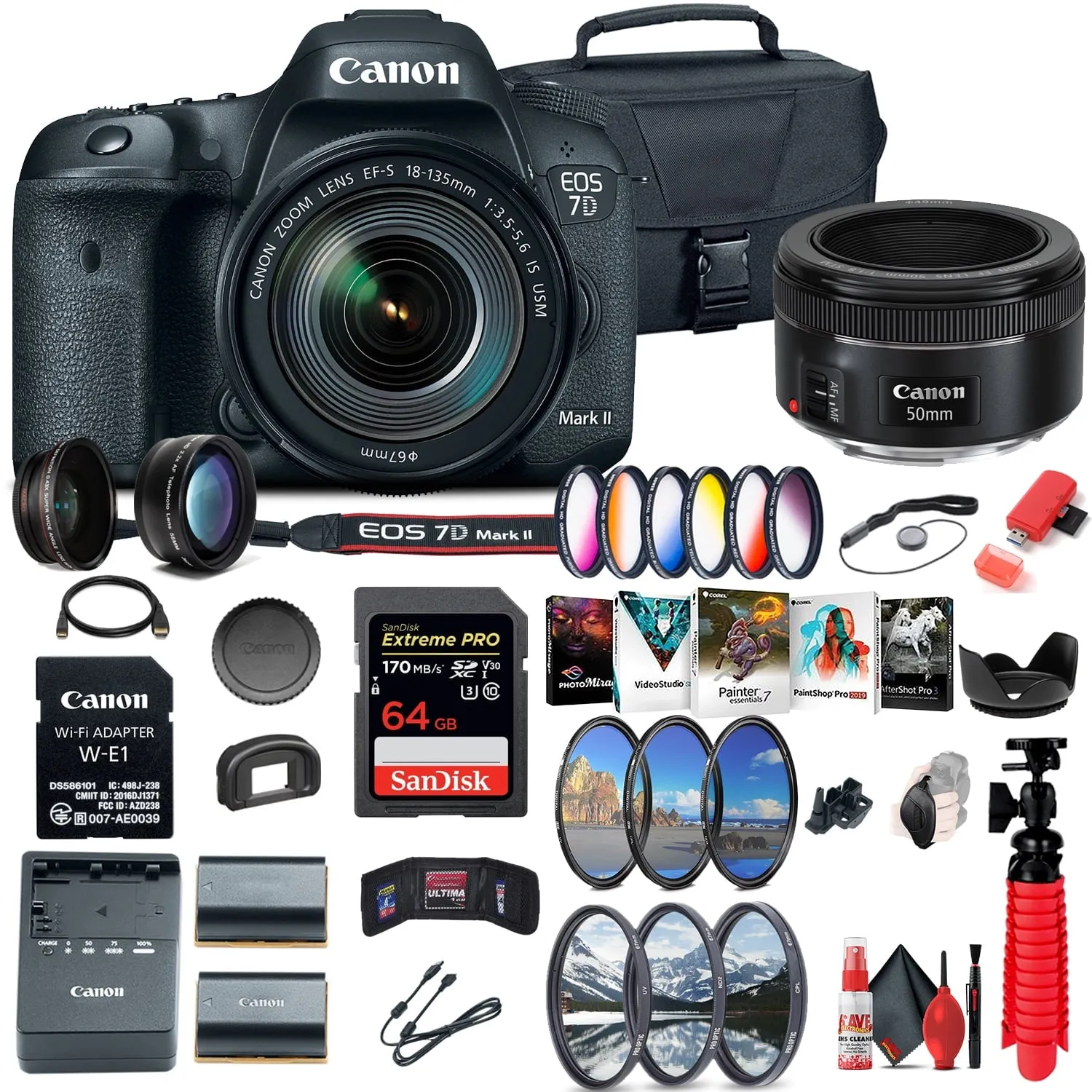 Canon EOS 7D Mark II DSLR Camera W/ 18-135mm f/3.5-5.6 IS USM Lens & W-E1 Extreme Bundle