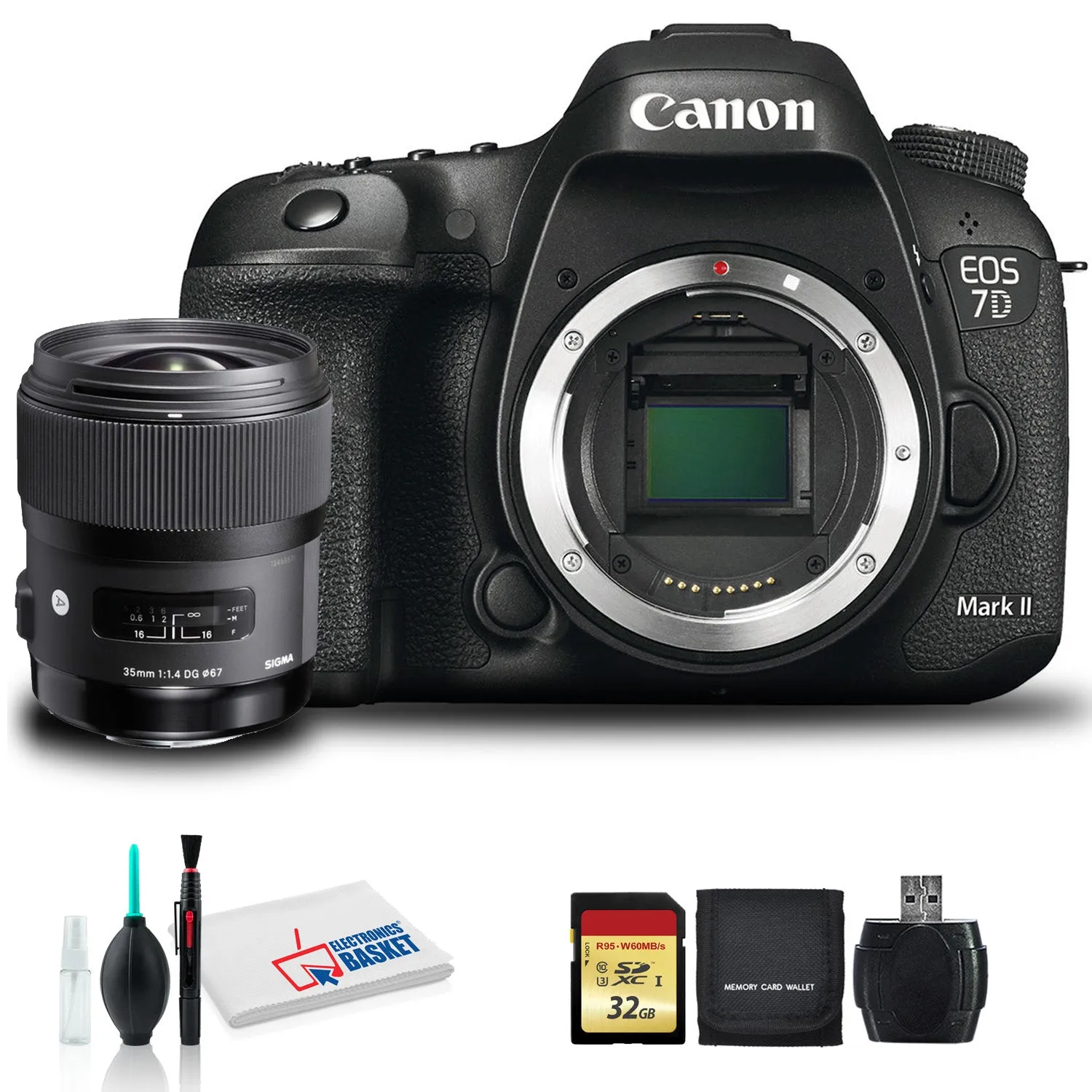 Canon EOS 7D Mark II DSLR Camera with Sigma 35mm f/1.4 DG HSM Art Lens, Lens Cleaning Kit, 32GB Memory Kit, (Intl Model)