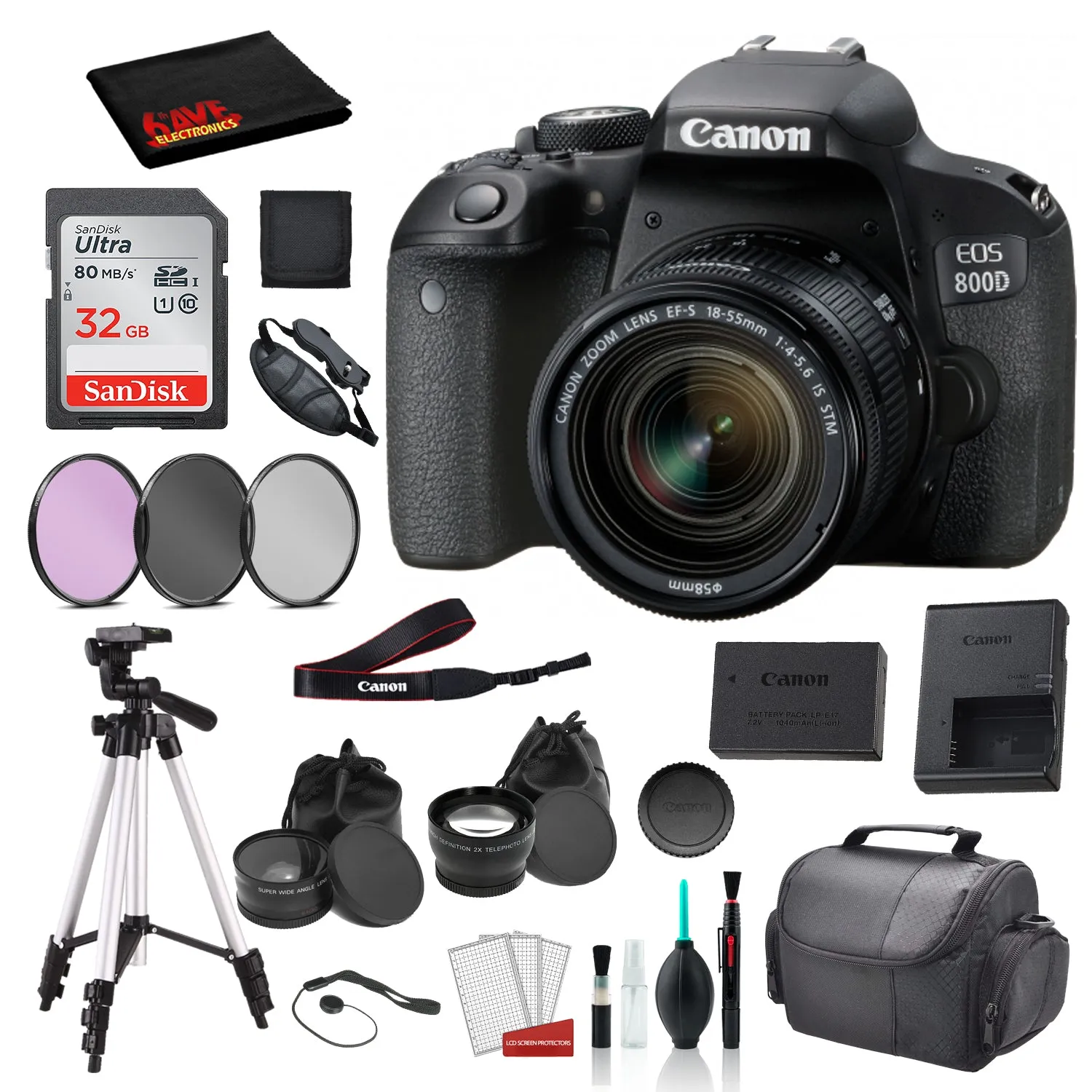 Canon EOS 800D (Rebel T7i) 18-55mm IS STM Lens  Bundle �SanDisk 32gb SD Card   3PC Filter Kit   MORE - International