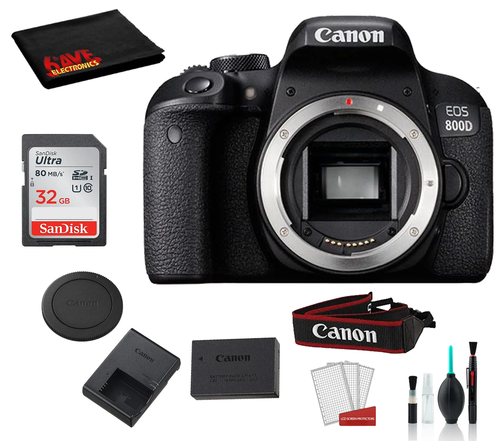 Canon EOS 800D (Rebel T7i) Body Only Kit Bundle  SanDisk 32gb SD Card   Deluxe DSLR Cleaning Kit   MORE - International