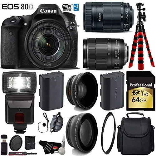 Canon EOS 80D DSLR Camera with 18-135mm is STM Lens & 55-250mm is STM Lens   Flash   UV FLD CPL Filter Kit Ultimate Bundle