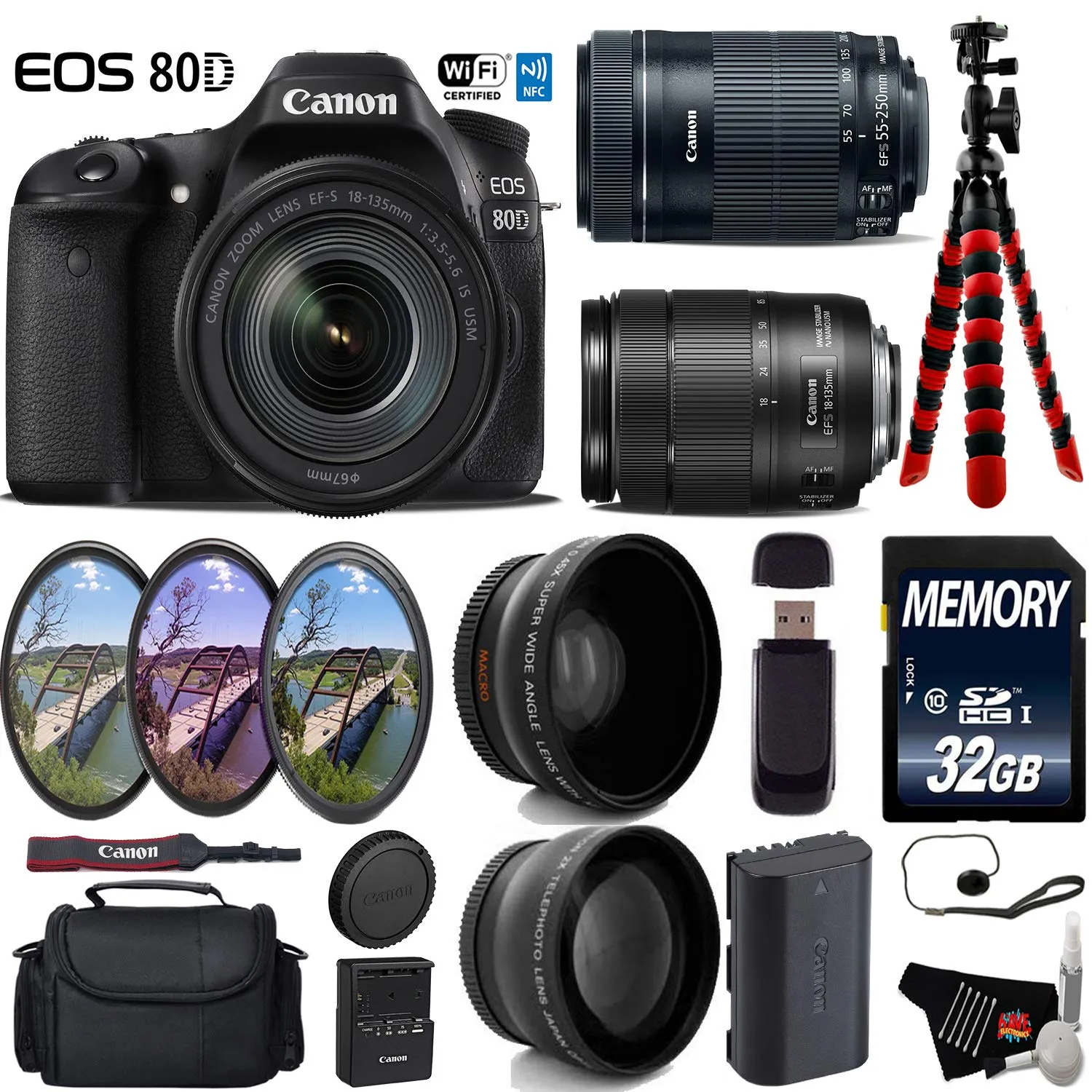 Canon EOS 80D DSLR Camera with 18-135mm is STM Lens & 55-250mm is STM Lens   UV FLD CPL Filter Kit Deluxe Bundle