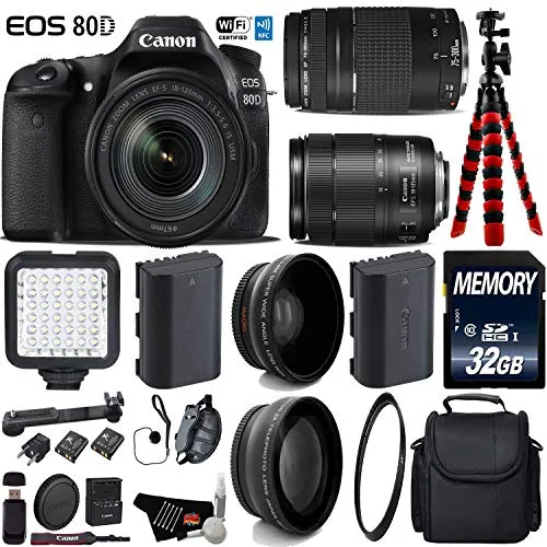 Canon EOS 80D DSLR Camera with 18-135mm is STM Lens & 75-300mm III Lens   LED   UV FLD CPL Filter Kit Ultimate Bundle