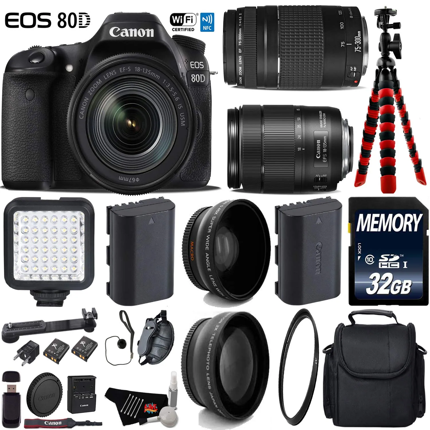 Canon EOS 80D DSLR Camera with 18-135mm is STM Lens & 75-300mm III Lens   LED   UV FLD CPL Filter Kit Ultimate Bundle