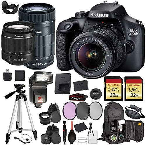 Canon EOS Rebel 4000d Digital SLR Camera with EF-S 18-55mm   EF-S 55-250mm STM (Black) Pro Accessory Bundle Package Deal