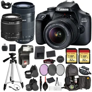 Canon EOS Rebel 4000d Digital SLR Camera with EF-S 18-55mm   EF-S 55-250mm STM (Black) Pro Accessory Bundle Package Deal