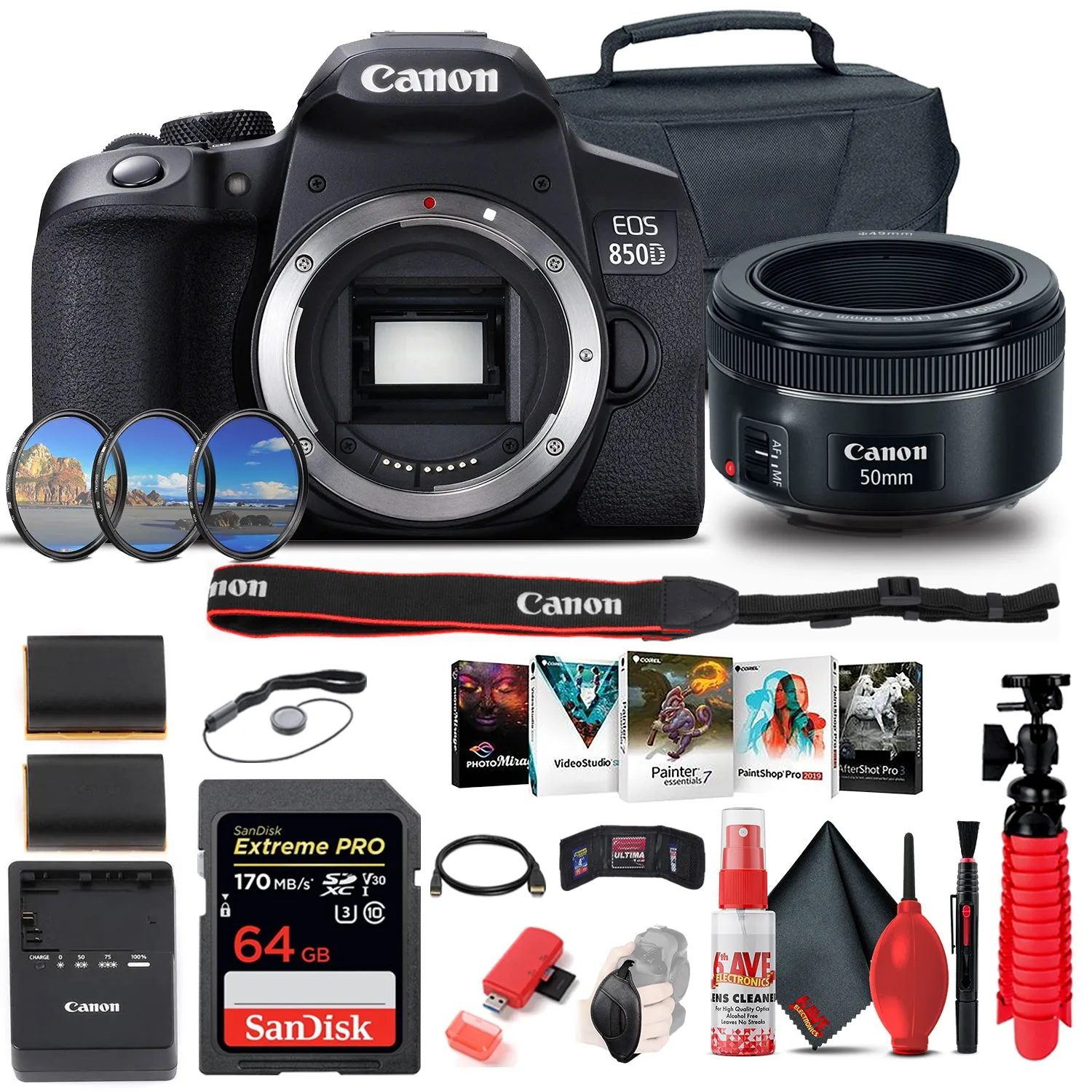 Canon EOS Rebel 850D / T8i DSLR Camera (Body Only)   Canon EF 50mm Lens   64GB Advanced Bundle