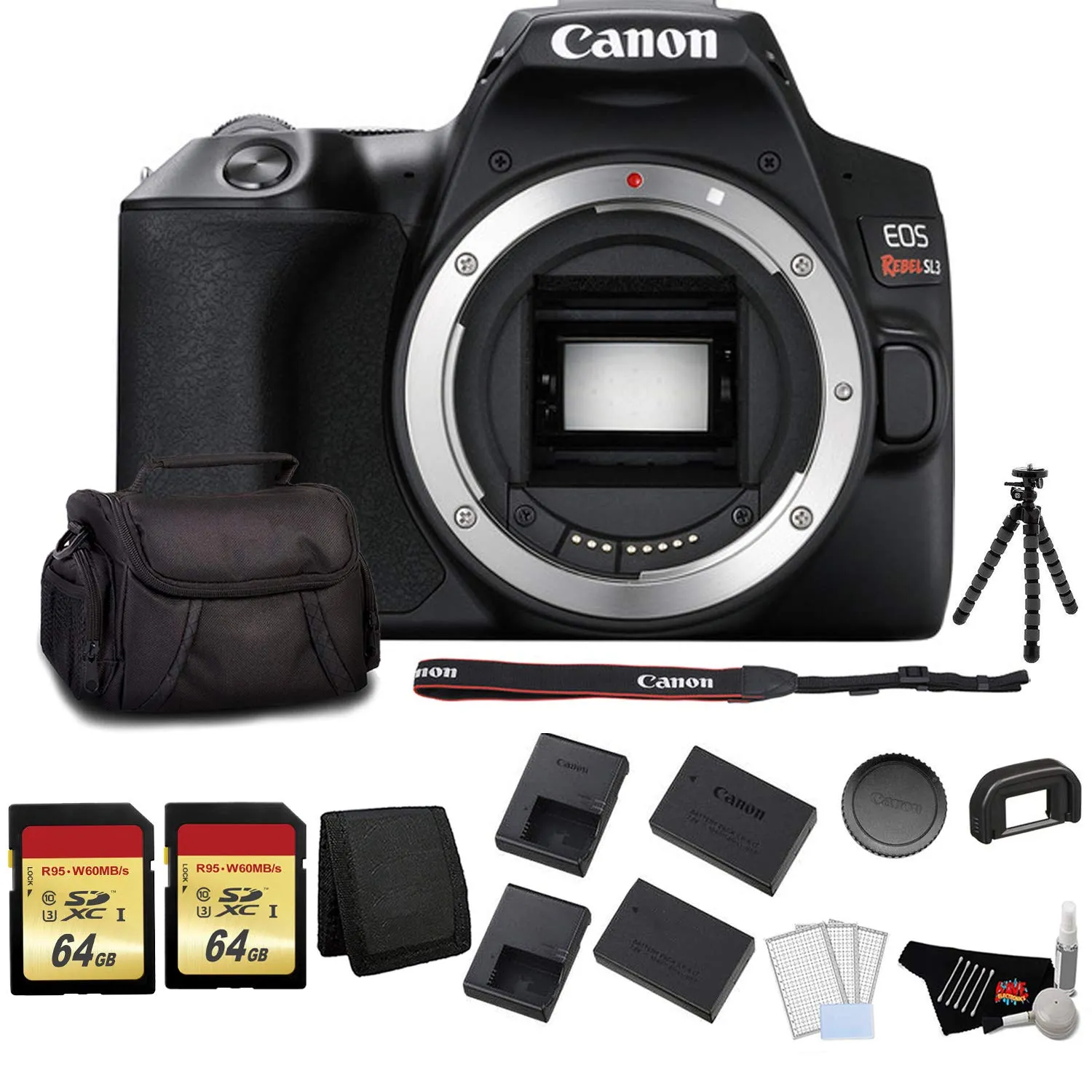 Canon EOS Rebel SL3 DSLR Camera (Black, Body Only) Bundle with 2x64GB Memory Card   Battery for CanonLPE17   LCD Screen