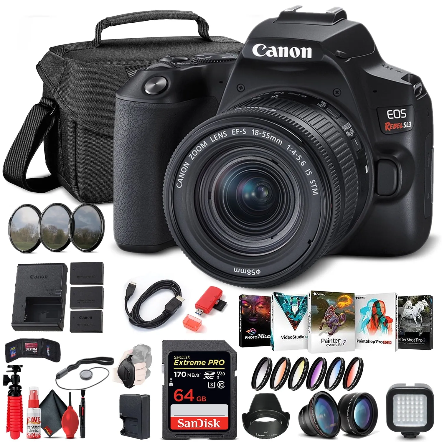 Canon EOS Rebel SL3 DSLR Camera W/ 18-55mm Lens (Black) (3453C002) Portable Travel Bundle