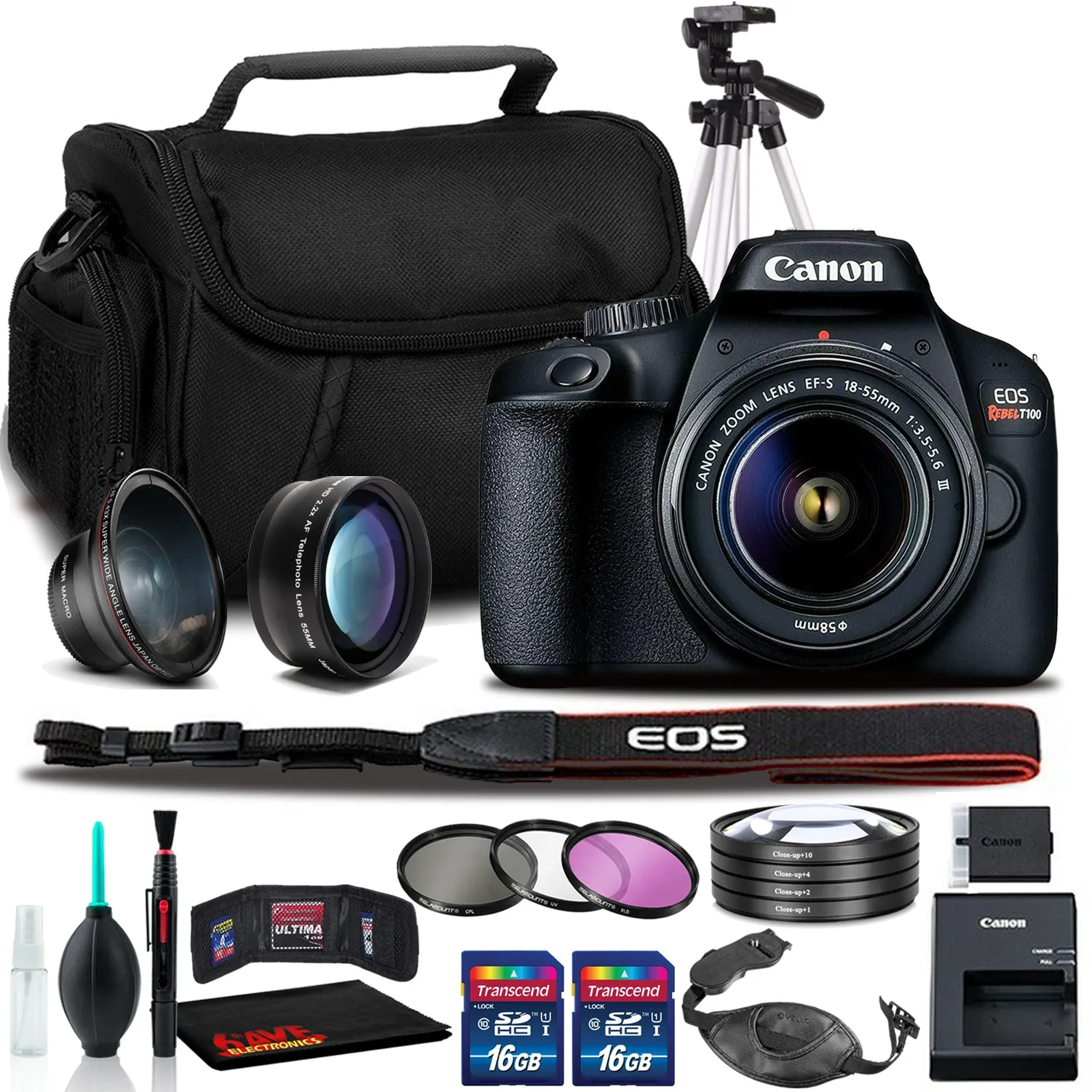 Canon EOS Rebel T100 DSLR Camera with 18-55mm III Lens (Intl Model)   Bag   Tripod   Filters   Telephoto Lens   More