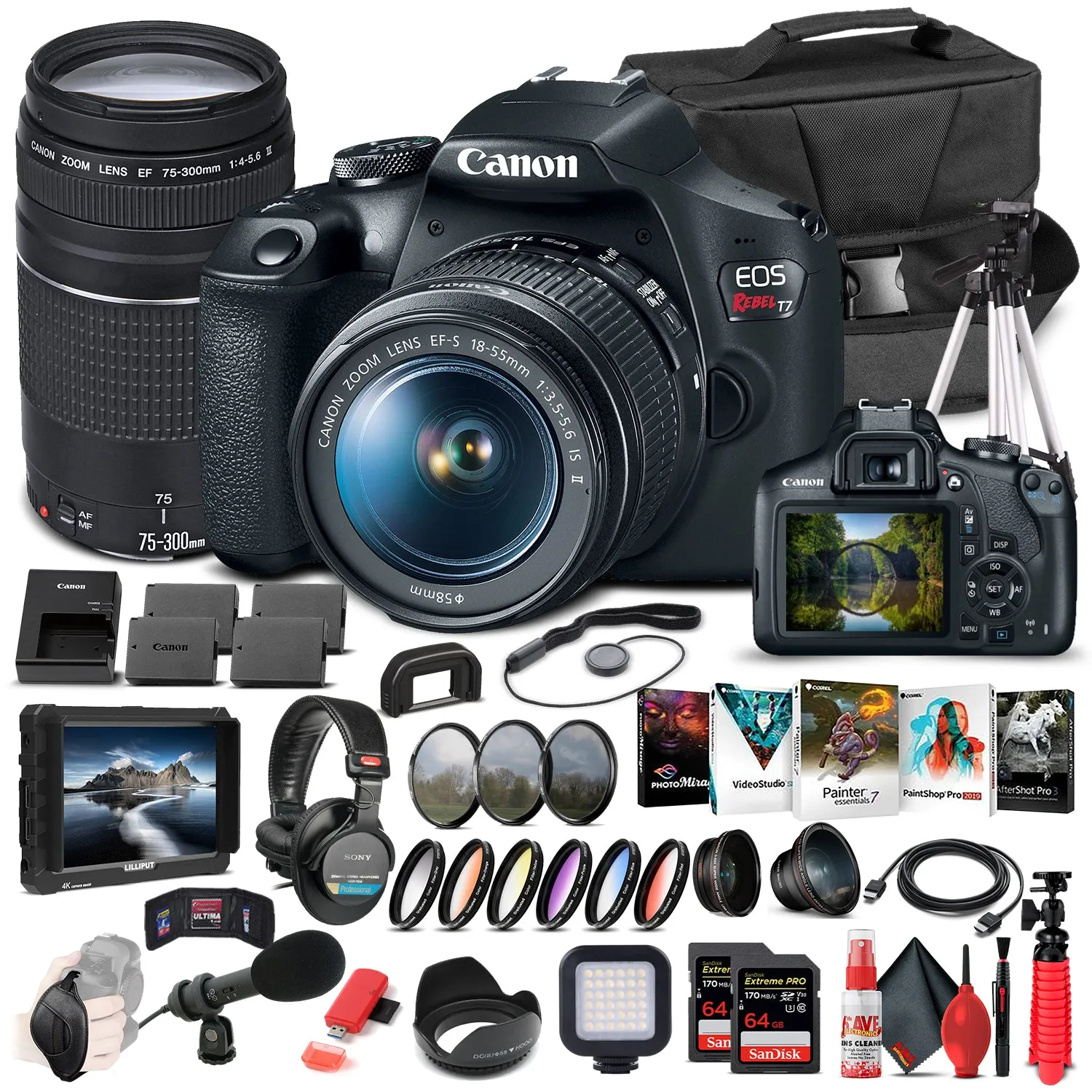 Canon EOS Rebel T7 DSLR Camera W/ 18-55mm and 75-300mm Lenses - Pro Bundle