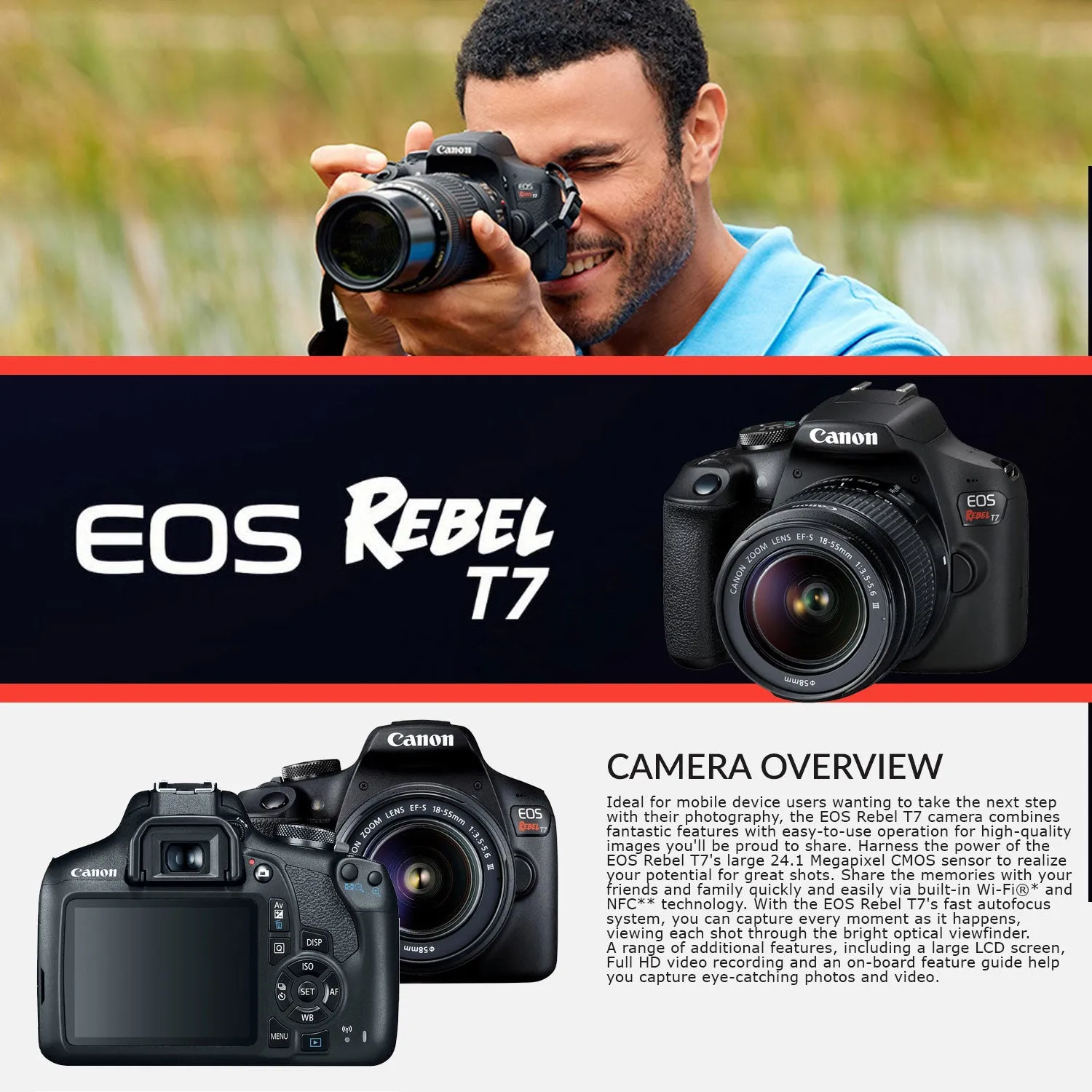 Canon Rebel 800d T7 Camera 50mm 75-300 EXT Bat - 64gb Kit 2yr