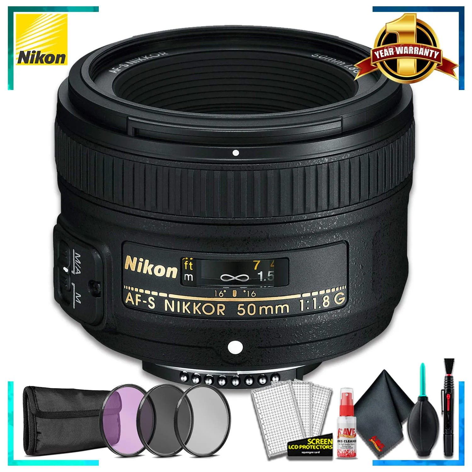 Nikon AF-S NIKKOR 50mm f/1.8G Camera Lens (International Model)   3 Pcs Filter Kit   Cleaning Kit