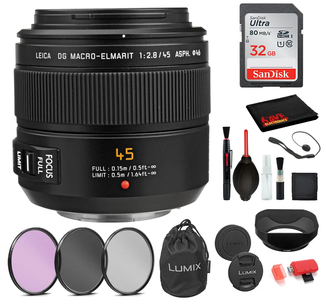 Panasonic Leica DG Macro-Elmarit 45mm f/2.8 ASPH. MEGA O.I.S. Lens with: Sandisk 32GB SD Card, 3PC Filter Kit   More