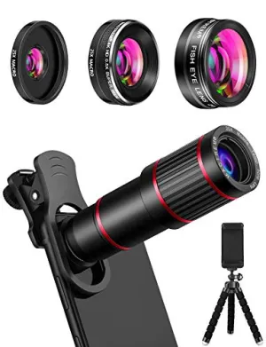 Phone Camera Lens Phone Lens Kit 9 in 1, 20X Telephoto Lens, 205° Fisheye Lens, 0.5X Wide Angle Lens & 25X Macro Lens