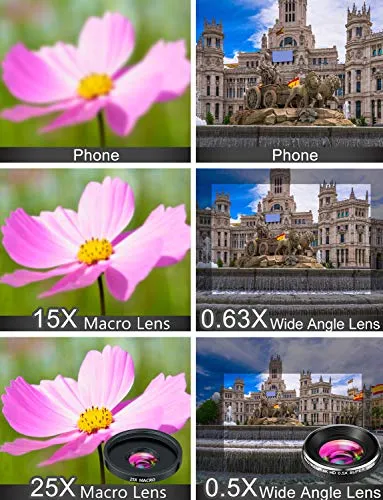 Phone Camera Lens Phone Lens Kit 9 in 1, 20X Telephoto Lens, 205° Fisheye Lens, 0.5X Wide Angle Lens & 25X Macro Lens