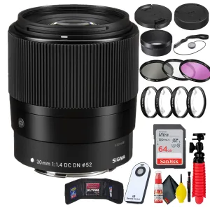 Sigma 30mm f/1.4 DC DN Contemporary Lens for Canon EF-M   64GB SD Card Bundle